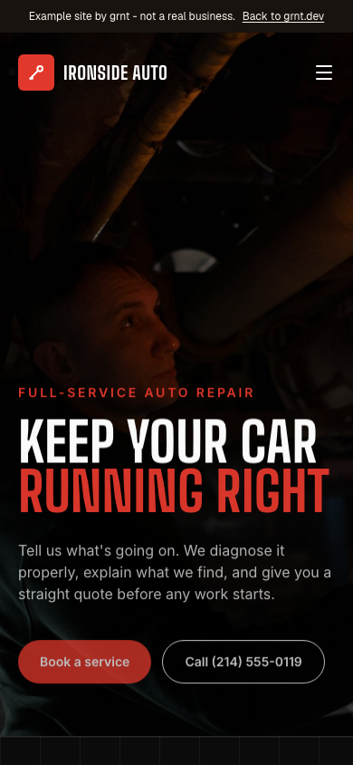 Ironside Auto website, phone view