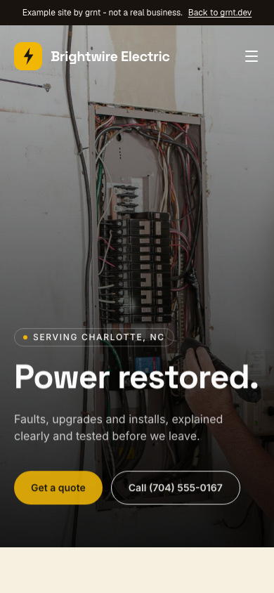 Brightwire Electric website, phone view